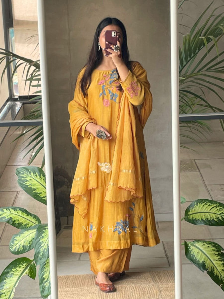 Sanvi Mustard Mulmul A-Line Kurta with Embroidery