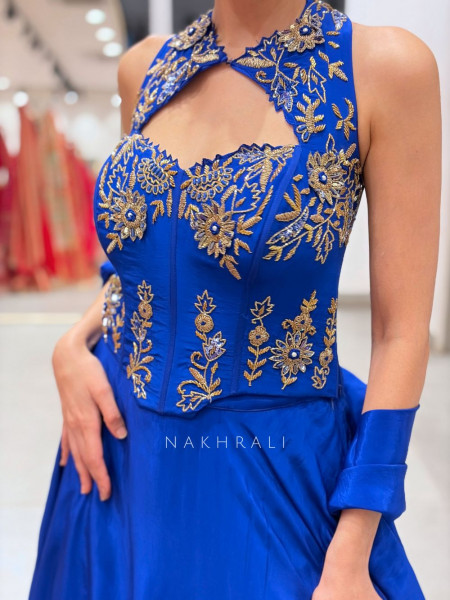 Scarlet Blue Raw Silk & Georgette Corset Lehenga Set