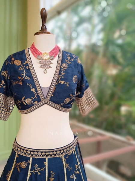 Orvian Navy Blue Lehenga Set with Floral Weave Sequin Border Work