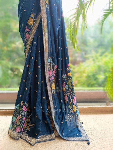 Gul-e-Rangat Blue Viscose Georgette Saree With Kashmiri Aari Floral Embroidery
