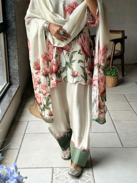 Elysian Cream Satin Farsi Suit Set With Floral Print