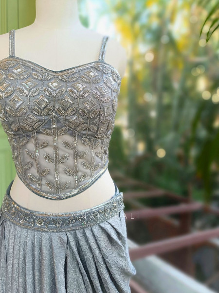 Naya Grey Indo-Western Crop Top Skirt Set with Cut Dana Sequin Work