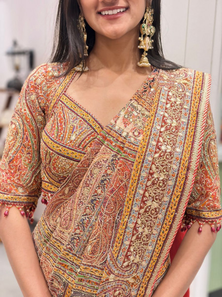 Virel Rust Designer Saree with Bead Stone Embbroidered Blouse