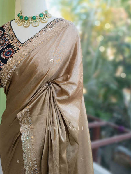 Pavani Brown Saree with Embroidery Mirror Border