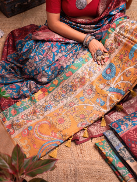 Pankh Green Kalamkari Saree with Traditional  Art Prints