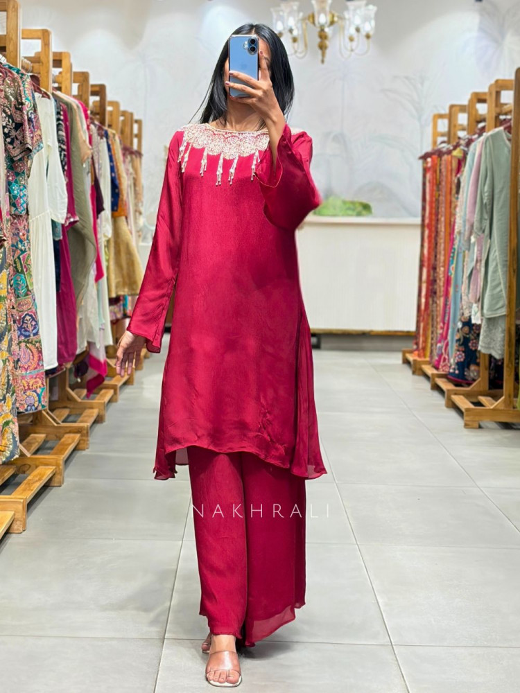 Image of Tirva maroon Silk Kurta Palazzo Set with Cut Dana Work
