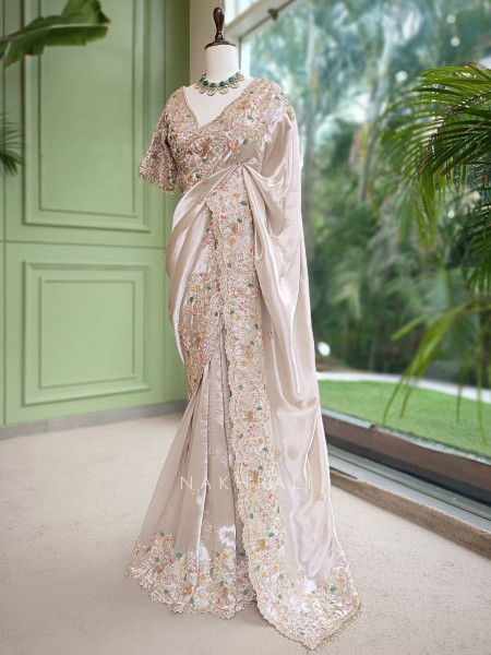 Mrigpushp Ivory Tissue Satin Designer Saree with Readymade Blouse