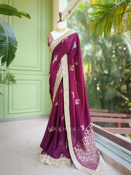 Tavira Wine Saree with Broad Border and Unstitched Blouse Piece