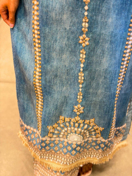 Kavira Blue Printed Suit Set with Embroidery, Beads & Stone Work