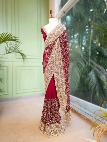 Vanya Red Zari Sequin Saree