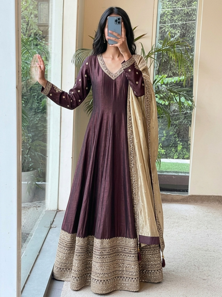 Image of Sienna Royale Deep Brown Anarkali Suit Set