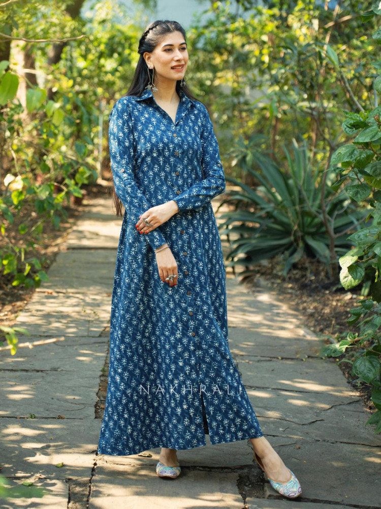 Image of Blue Cotton Block Printed Button-Down Dress