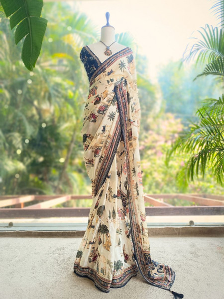 Nerix Black Printed Saree with Scenic Motif Border