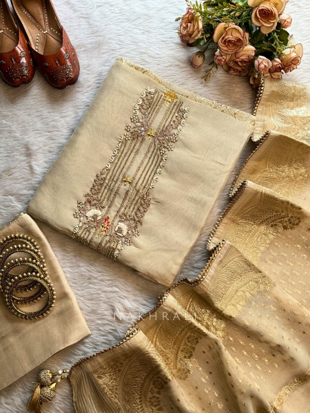 Champagne Dew Cream Dress Material with Thread and Stone Work