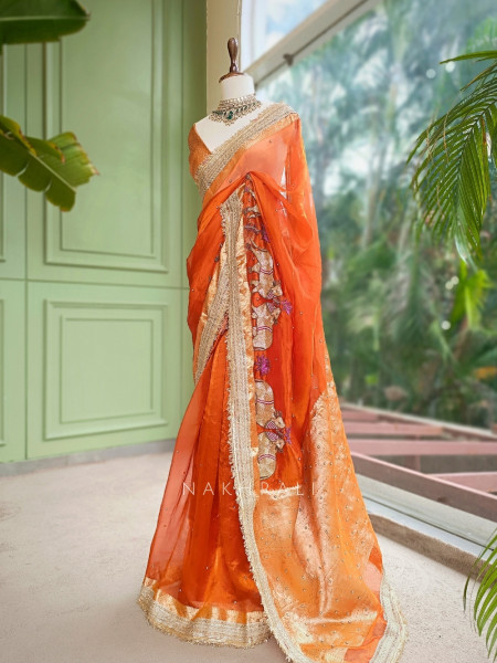 Vraj Ras Orange Banarasi Tissue Silk Saree – Hand Embroidery & Zari Border