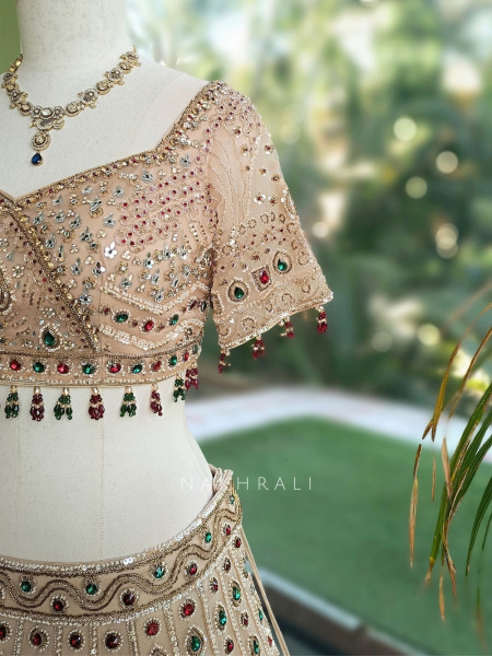 Ruby Kundan  Beige Satin Lehenga
