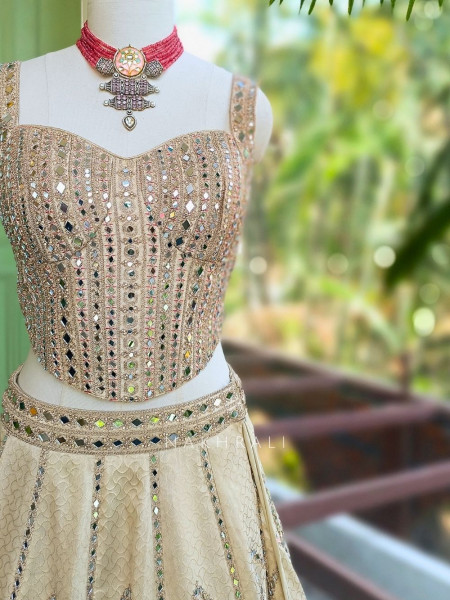 Darpan Pink Silk Corset Lehenga with Mirror Work