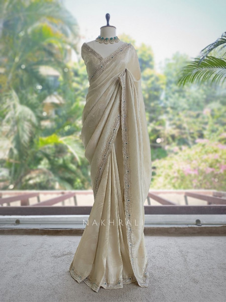 Pravika Cream Organza Silk Blend Saree with Scalloped Zardozi Border