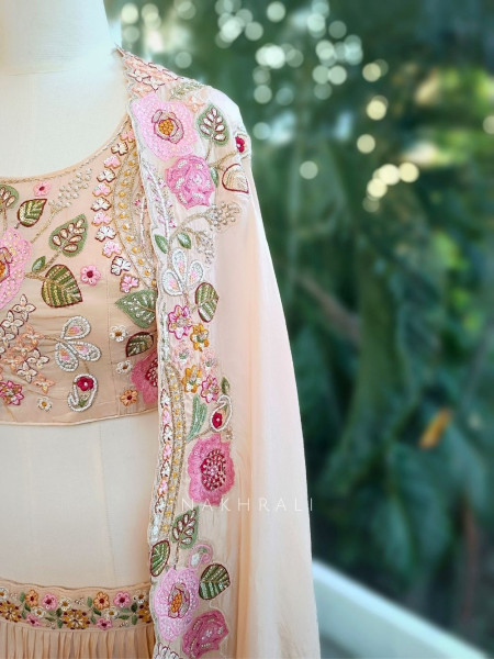 Ira Beige Embroidered Crop Top Skirt Set with Cape Dupatta