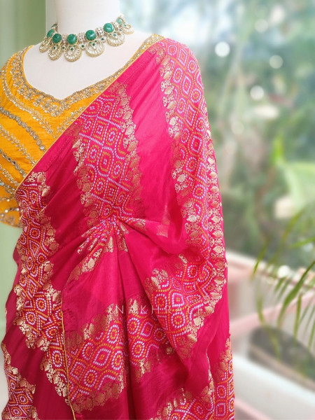 Pravahini Magenta Bandhani Saree with Sequin, Cut Dana & Mirror Work Readymade Blouse