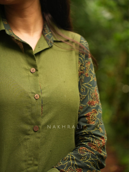 Sahir Green Cotton Button-Down Dress