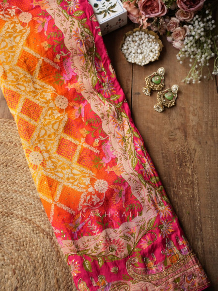 Heritage Bloom Mustard Gaji Silk Saree With Bandhani, Marodi & Gota Work