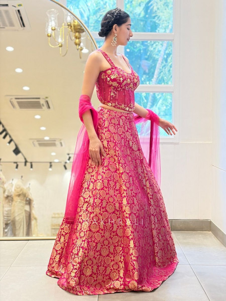 Gul-Shan Magenta Banarasi Brocade Corset Lehenga with Cut Dana Work