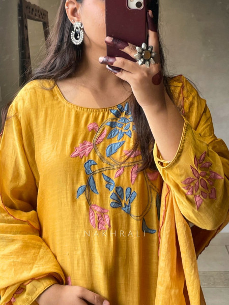 Sanvi Mustard Mulmul A-Line Kurta with Embroidery