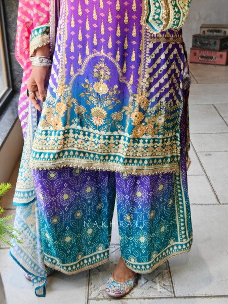 Zenvira Multicolor Printed Kurta Palazzo Set with Mirror Neck Detail