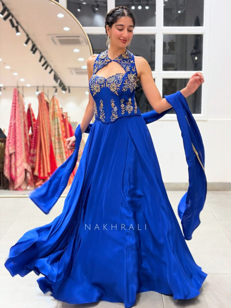 Scarlet Blue Raw Silk & Georgette Corset Lehenga Set