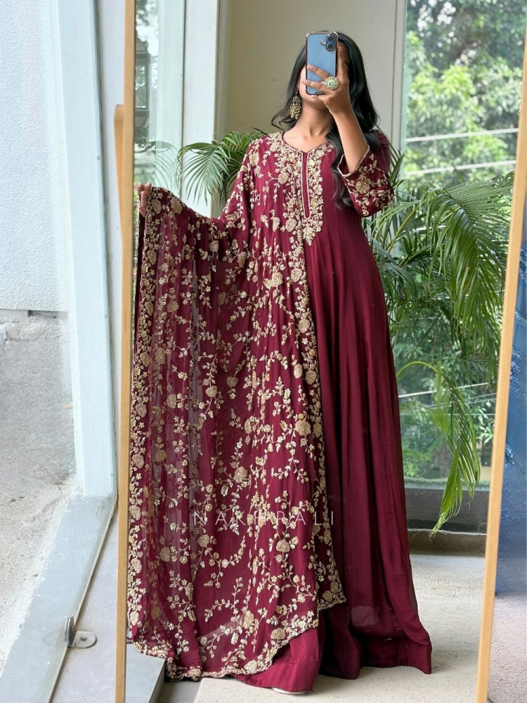 Image of Gulnaaz Maroon Premium Faux Georgette Anarkali Suit Set