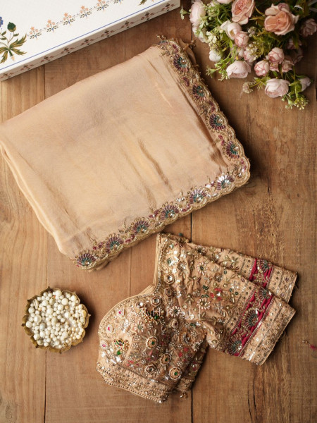 Riyasati Beige Satin Crepe Saree
