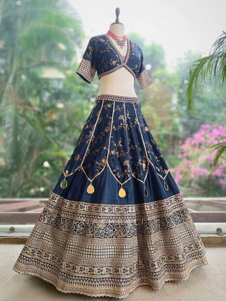 Orvian Navy Blue Lehenga Set with Floral Weave Sequin Border Work