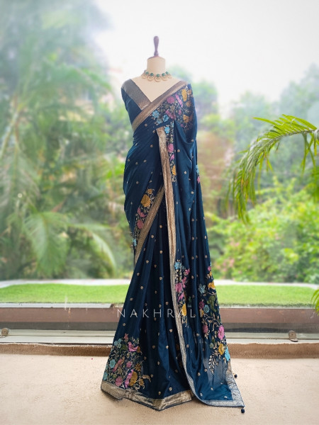 Gul-e-Rangat Blue Viscose Georgette Saree With Kashmiri Aari Floral Embroidery