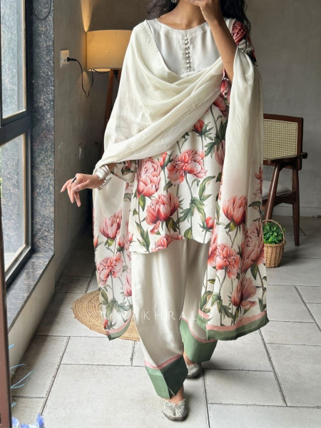 Elysian Cream Satin Farsi Suit Set With Floral Print