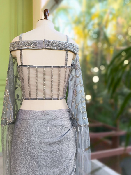 Naya Grey Indo-Western Crop Top Skirt Set with Cut Dana Sequin Work