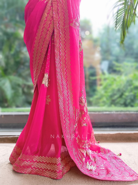 Vionika Plum Magenta Chiffon-Crepe Saree With Chevron Zari Border & Floral Embroidery