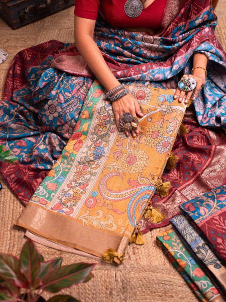 Pankh Green Kalamkari Saree with Traditional  Art Prints