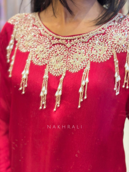 Tirva maroon Silk Kurta Palazzo Set with Cut Dana Work