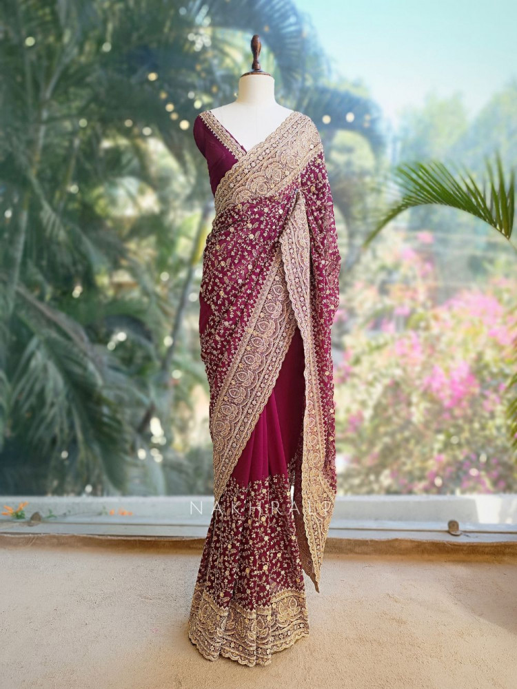 Image of Vanya Maroon Zari Sequin Saree