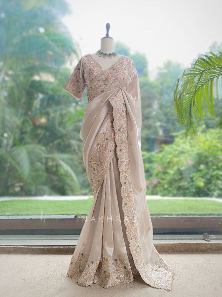 Mrigpushp Ivory Tissue Satin Designer Saree with Readymade Blouse