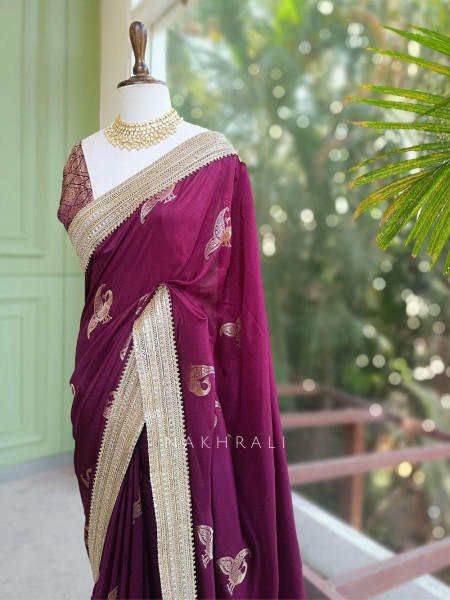 Tavira Wine Saree with Broad Border and Unstitched Blouse Piece