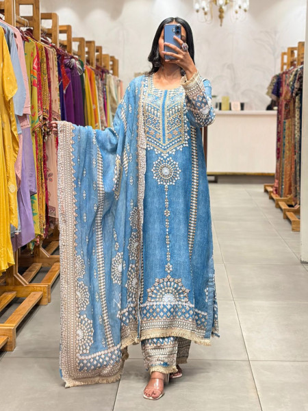 Kavira Blue Printed Suit Set with Embroidery, Beads & Stone Work