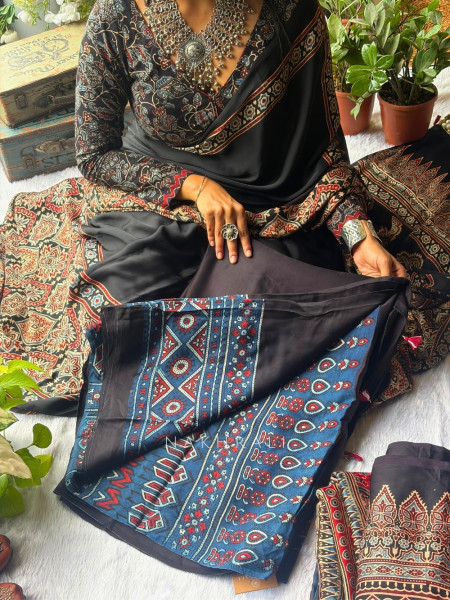 Kamali Blue  Modal Saree with Ajrak Border