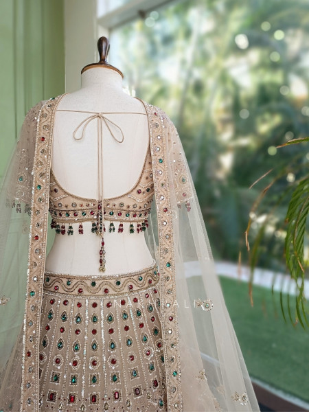 Ruby Kundan  Beige Satin Lehenga
