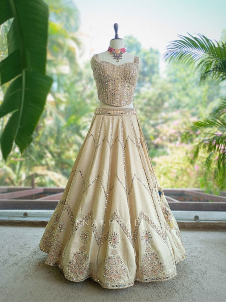 Darpan Pink Silk Corset Lehenga with Mirror Work