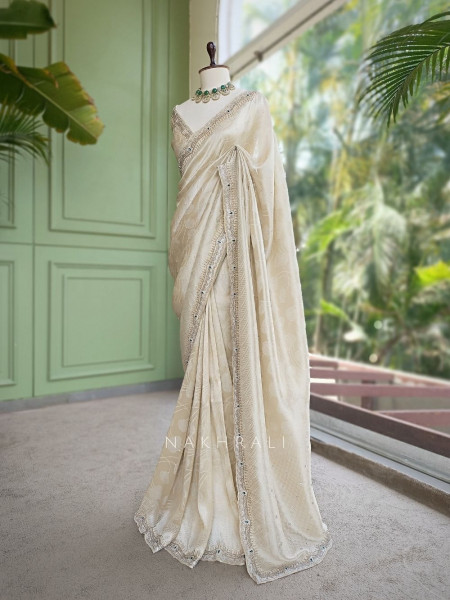 Pravika Cream Organza Silk Blend Saree with Scalloped Zardozi Border