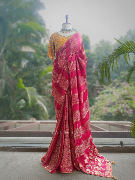 Pravahini Magenta Bandhani Saree with Sequin, Cut Dana & Mirror Work Readymade Blouse