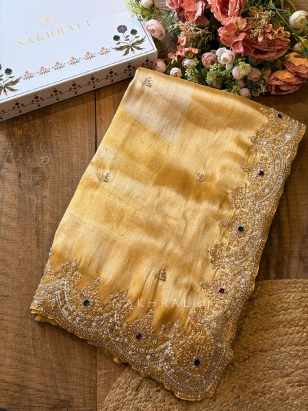 Mirev Gold Zari Weaved Saree with Beads Sequin Embroidery