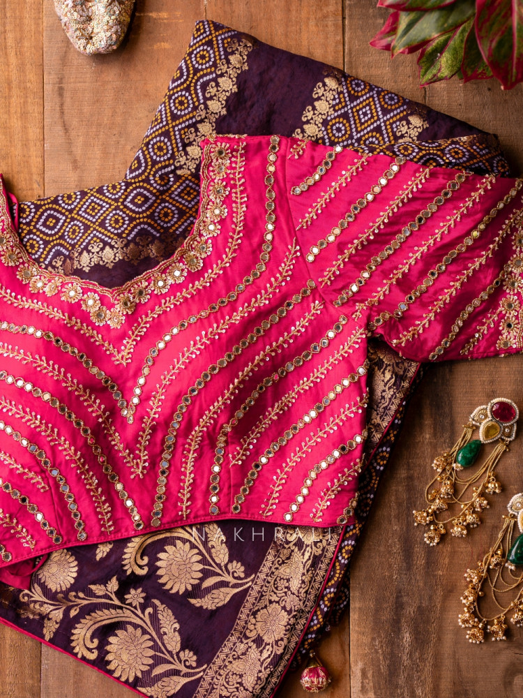 Image of Pravahini Purple Bandhani Saree with Sequin, Cut Dana &amp; Mirror Work Readymade Blouse
